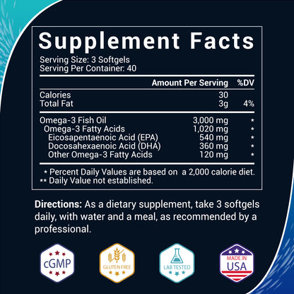 Triple Strength Omega 3 Fish Oil｜3000 mg Fish Oil Supplements｜120 Softgels