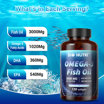 Triple Strength Omega 3 Fish Oil｜3000 mg Fish Oil Supplements｜120 Softgels